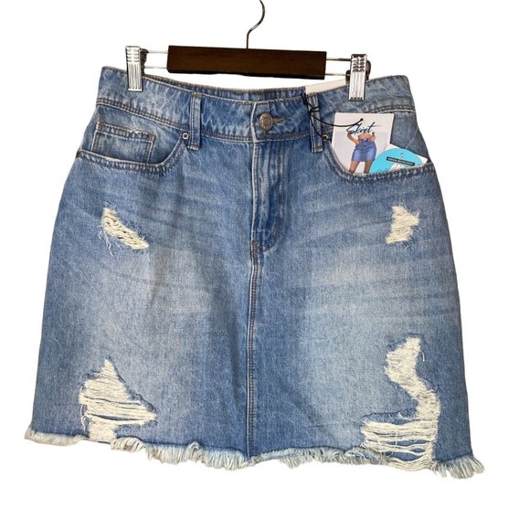 YMI Dream Collection Rigid+Stretch Denim Ripped Mini Skirt Blue Womens SZ M NWT - Picture 3 of 9
